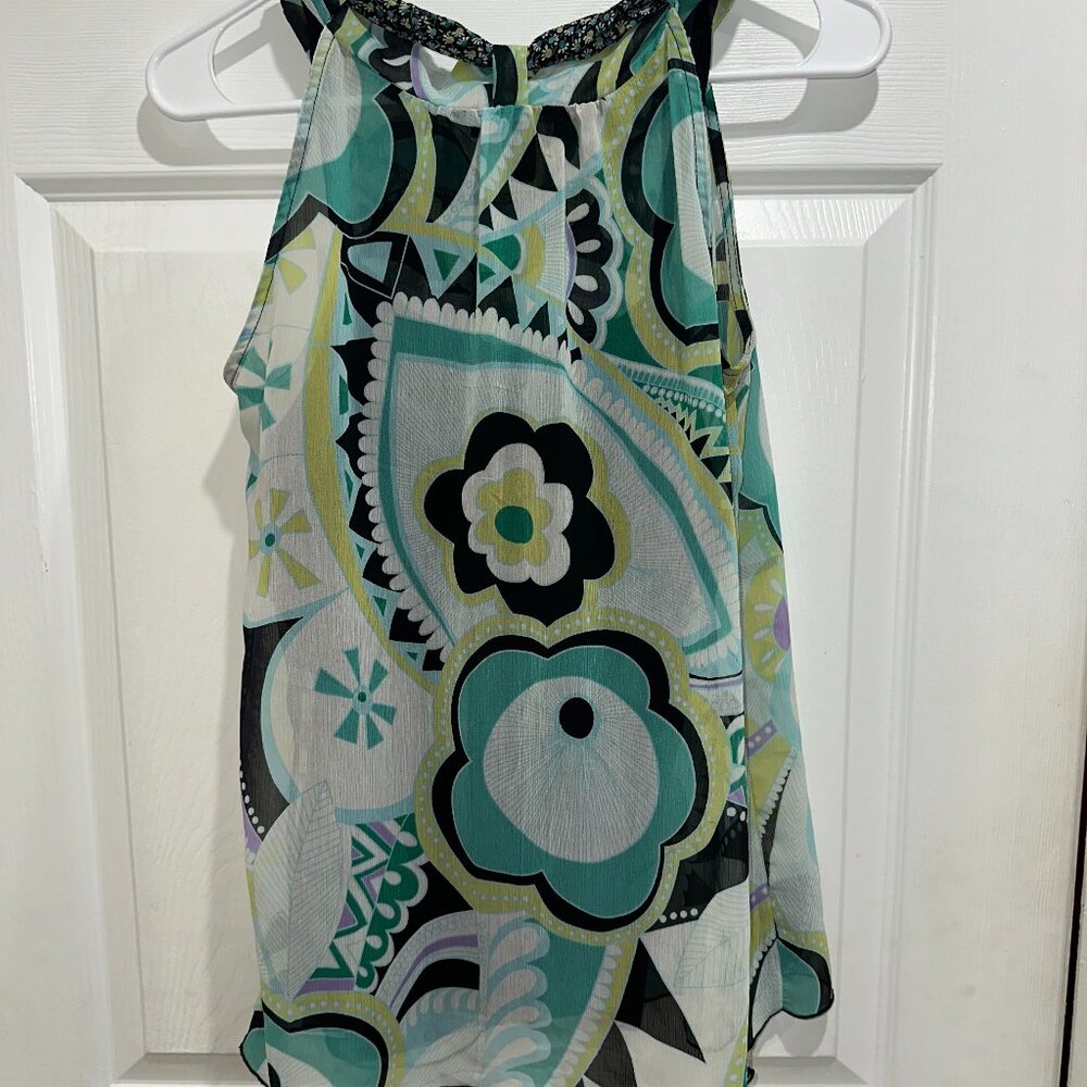 BCX Medium Sheer Floral Print Halter Top | Lined Tank Underlayer